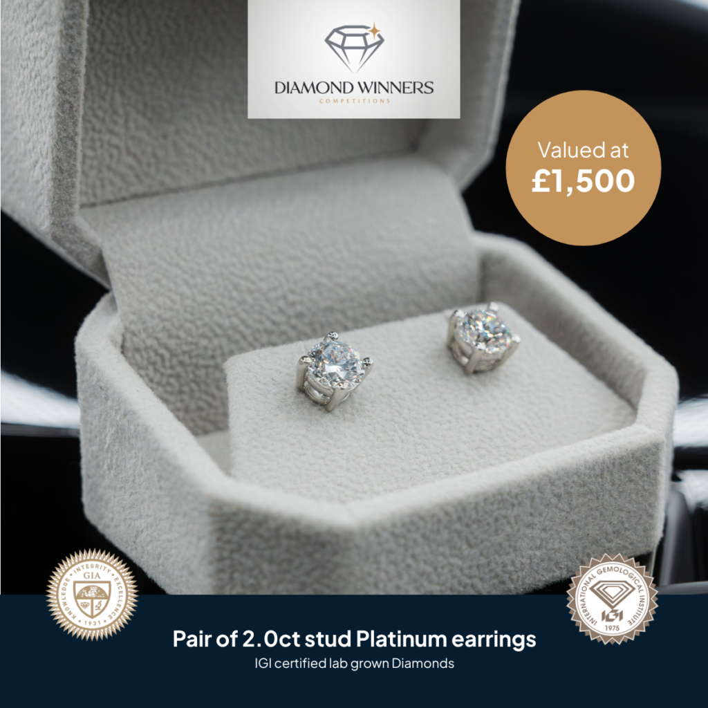 Win a pair of 2.0ct stud Platinum earrings (£1,500 insured value)